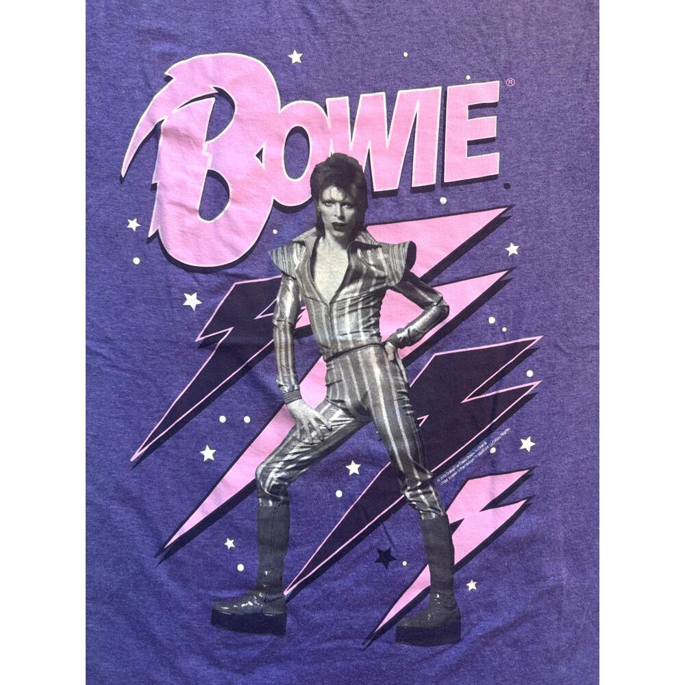 David Bowie Graphic T-Shirt Purple Pink Lightning Bolt Rock Tee Size S Women's